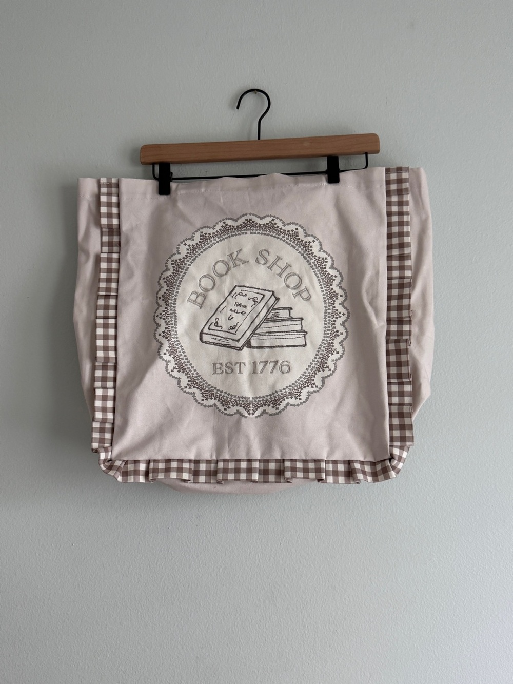 Book Shop Canvas Tote Bag with Gingham Trim